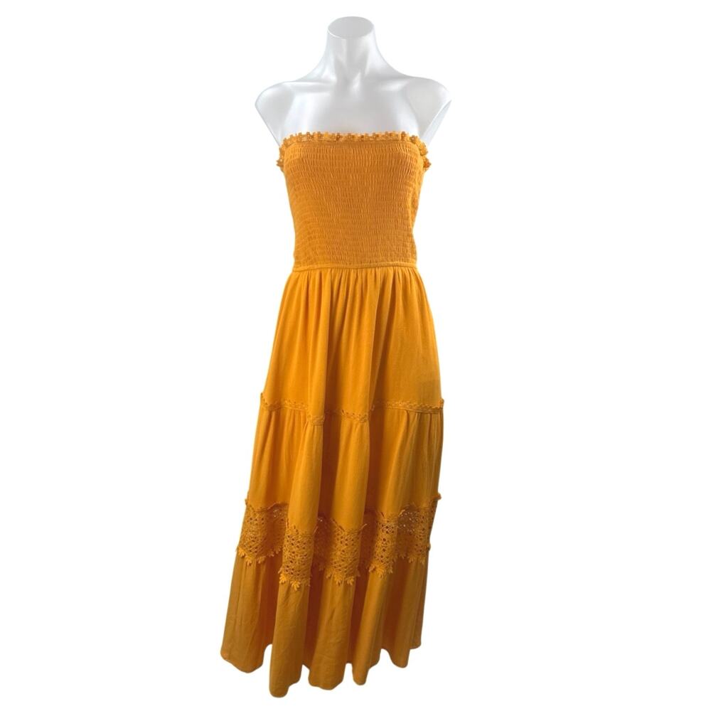Zesica Smocked Tiered Crochet Sleeveless Tube Bandeau Maxi Flare A-Line Dress S